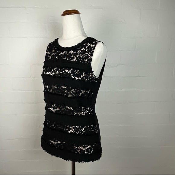 J Crew Top sz XS Black Lace Over Cream Inlay Sleeveless - Picture 3 of 13